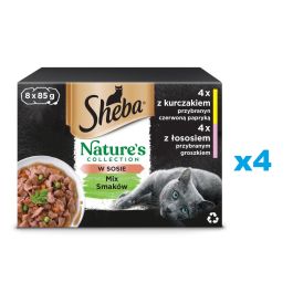 SHEBA 32x85g Nature's Collection Mix Smaków w sosie z kurczakiem przybranym czerwoną papryką, z łososiem przybranym groszkiem