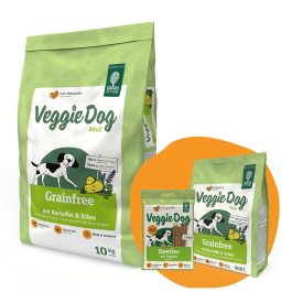 GREEN PETFOOD VeggieDog Grainfree z ziemniakami i groszkiem 10kg + 900g & Denties GRATIS