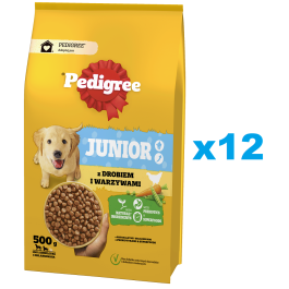 PEDIGREE Junior 12x500 g z drobiem i warzywami sucha karma pełnoporcjowa dla dorastających psów dużych i średnich ras