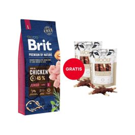BRIT Premium By Nature Junior Large L Chicken 15 kg + WOOLF Chicken And Rawhide Twister 2 x 100g suszona skóra owinięta kurczakiem GRATIS