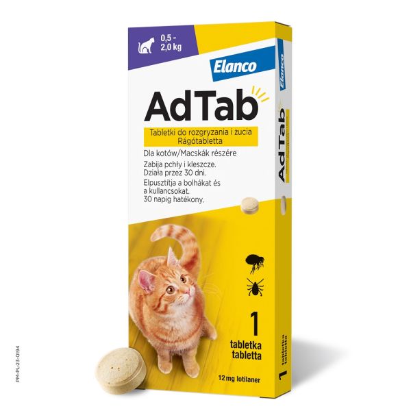 ELANCO AdTab 12 mg tabletka na kleszcze i pchły do rozgryzania i żucia dla kotów (0,5–2,0 kg)