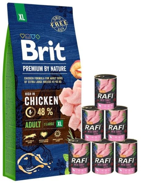BRIT Premium By Nature Adult Extra Large XL 15 kg + mokra karma z indykiem 6x400 g