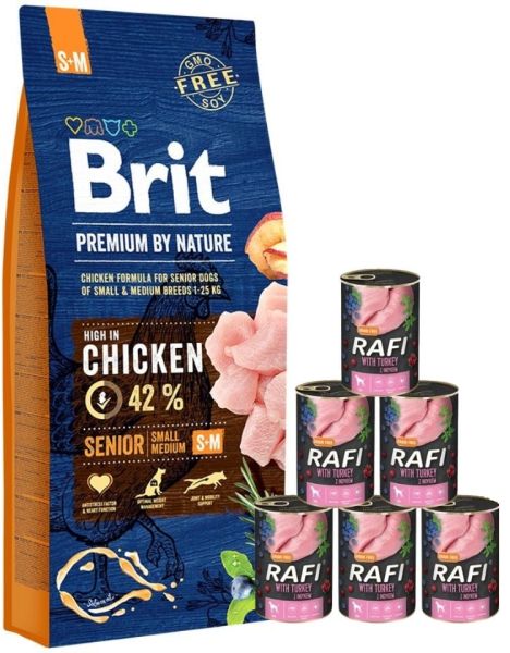 BRIT Premium By Nature Senior Small Medium S+M 15 kg + mokra karma z indykiem 6x400 g