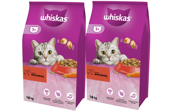 WHISKAS Adult 2x14kg sucha karma dla dorosłego kota pyszna wołowina