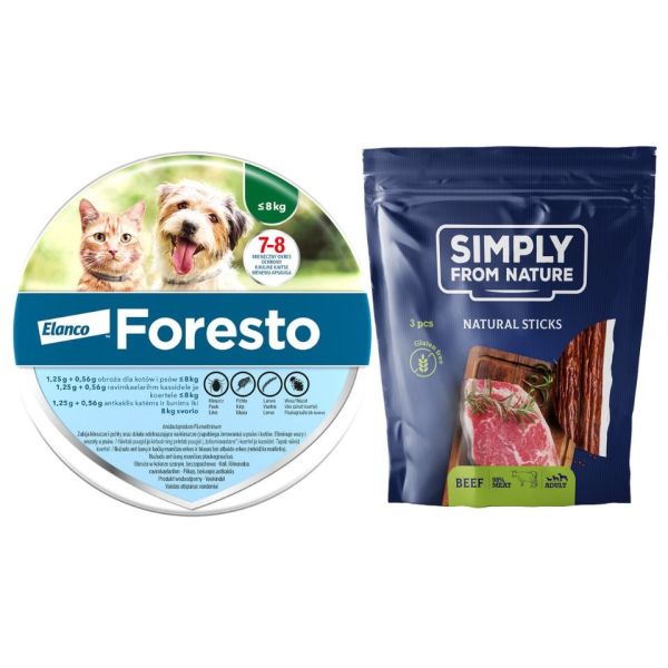 FORESTO Obroża dla kota i psa przeciw kleszczom i pchłom poniżej 8 kg + SIMPLY FROM NATURE Naturalne cygara z wołowiną 3 szt.