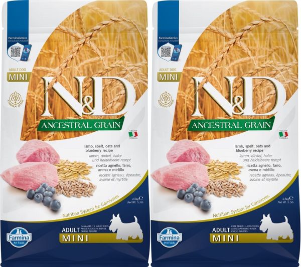 FARMINA N&amp;D Ancestral Grain Lamb &amp; Blueberry Adult Mini dog karma dla psów małych ras 2 x 2,5 kg