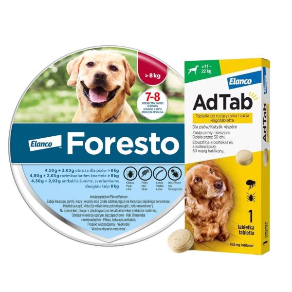 FORESTO Obroża dla psa powyżej 8 kg przeciw kleszczom i pchłom + ELANCO AdTab 450 mg tabletka na kleszcze dla psów (&gt;11-22 kg)