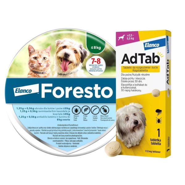 FORESTO Obroża dla kota i psa poniżej 8 kg przeciw kleszczom i pchłom + ELANCO AdTab 112 mg tabletka na kleszcze dla psów (&gt;2,5–5,5 kg)