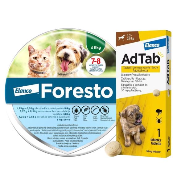 FORESTO Obroża dla kota i psa poniżej 8 kg przeciw kleszczom i pchłom + ELANCO AdTab 56 mg tabletka na kleszcze dla psów (1,3–2,5 kg)