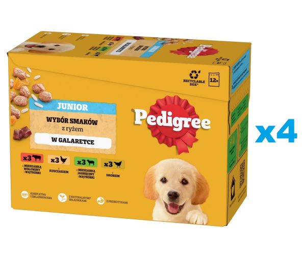PEDIGREE Junior Wybór Smaków z ryżem saszetki 48x100 g mokra karma pełnoporcjowa dla szczeniąt, kawałki z mieszanką wołowiny i wątróbki i ryżem, z kurczakiem i ryżem, z mieszanką jagnięciny i wątróbki i ryżem, z drobiem i ryżem, w galaretce