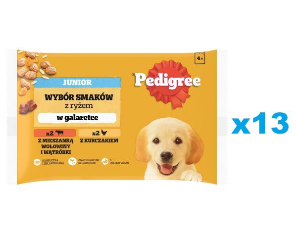 PEDIGREE Junior Wybór Smaków z ryżem saszetki 52x100 g mokra karma pełnoporcjowa dla szczeniąt, kawałki z mieszanką wołowiny i wątróbki i ryżem, z kurczakiem i ryżem, w galaretce