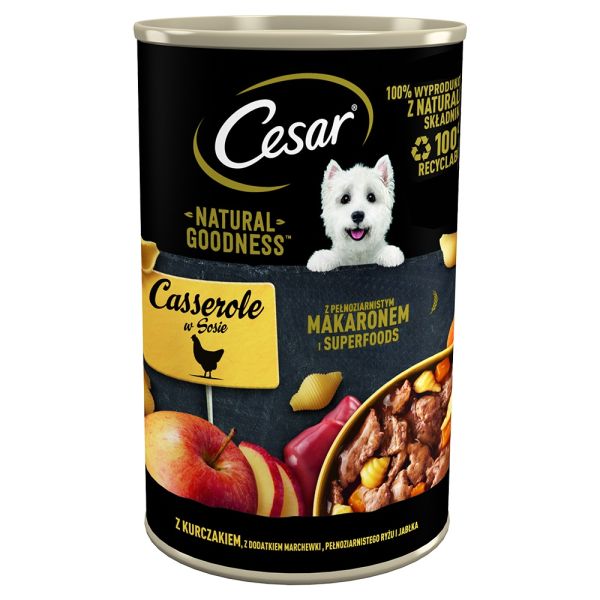 CESAR Natural Goodness 400 g mokra karma dla psów z kurczakiem z dodatkiem marchewki, pełnoziarnistego makaronu i jabłka w sosie