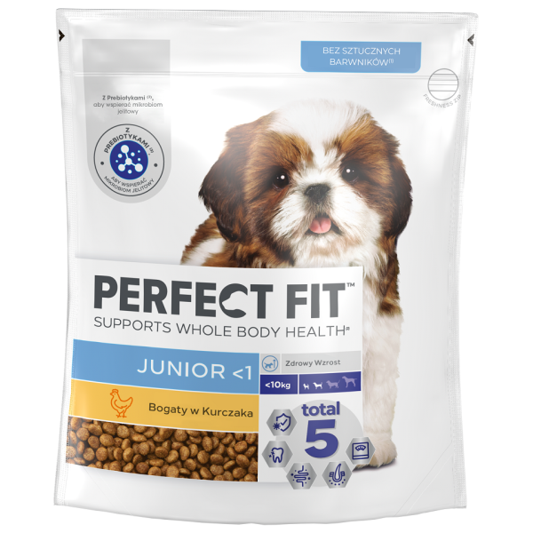 PERFECT FIT Junior &lt;1 sucha karma pełnoporcjowa dla szczeniąt małych ras bogata w kurczaka 825 g