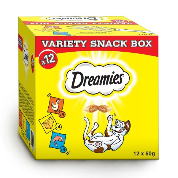 DREAMIES Variety Snack Box przysmaki dla kotów z kurczakiem, z serem i o smaku łososia 720 g