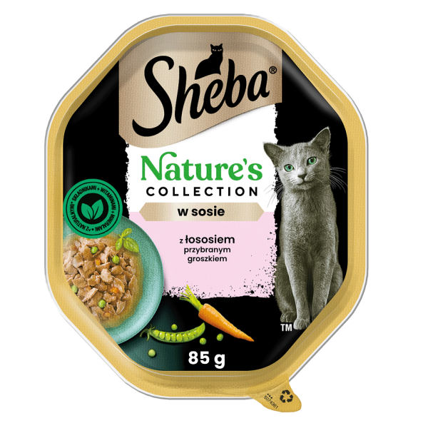 SHEBA Nature’s Collection tacka 85 g mokra karma pełnoporcjowa dla dorosłych kotów kawałki z łososiem przybranym groszkiem w sosie