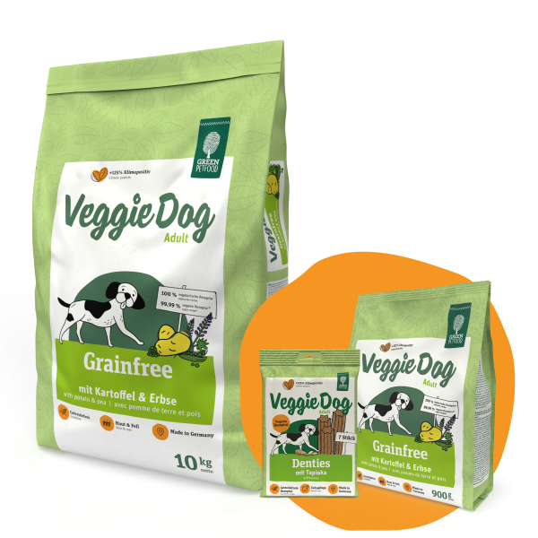 GREEN PETFOOD VeggieDog Grainfree z ziemniakami i groszkiem 10kg + 900g &amp; Denties GRATIS