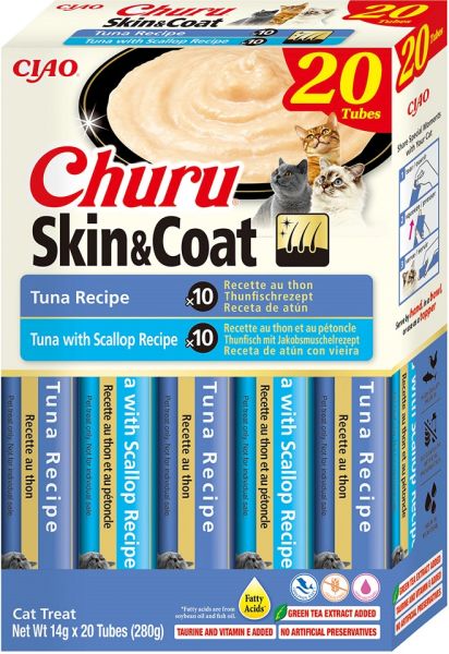 INABA Churu Cat Skin Coat 20x14g tuńczyk, tuńczyk i przegrzebki kremowy przysmak dla kota
