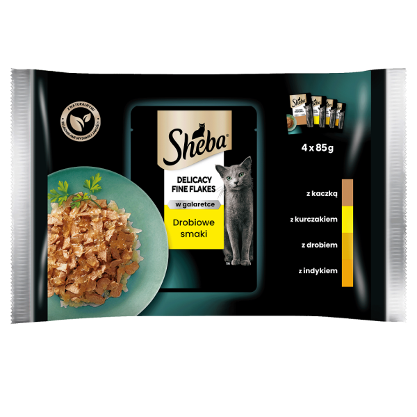 SHEBA Delicacy Fine Flakes Drobiowe Smaki saszetki 4x85 g mokra karma pełnoporcjowa dla dorosłych kotów w galaretce kawałki z: kaczką, kurczakiem, drobiem, indykiem