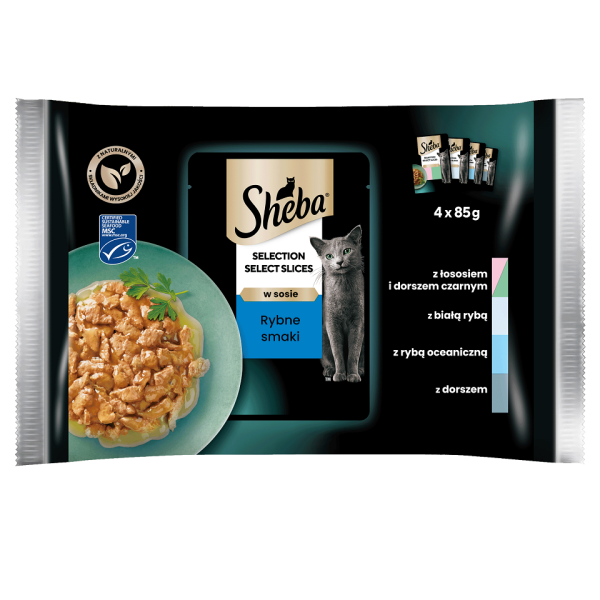 SHEBA Selection Select Slices Rybne Smaki 4x85g mokra karma pełnoporcjowa dla kotów w sosie kawałki z łososiem i dorszem czarnym, białą rybą, rybą oceaniczną, dorszem