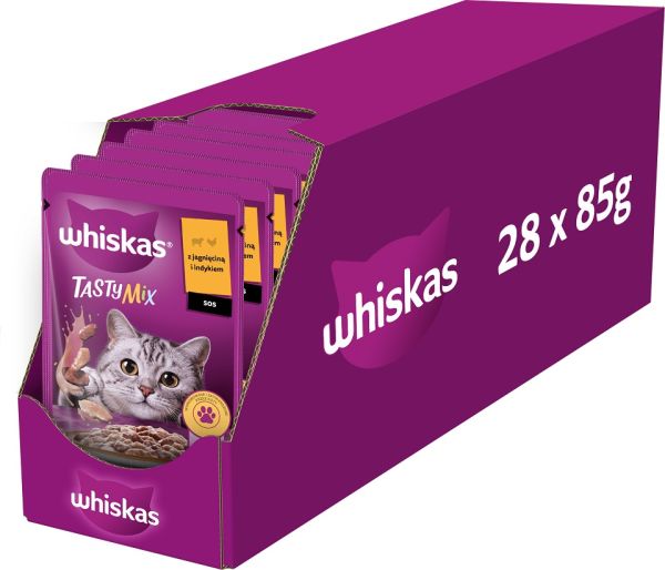 WHISKAS Adult saszetka 28x85g mokra karma dla dorosłych kotów w sosie z jagnięciną i indykiem