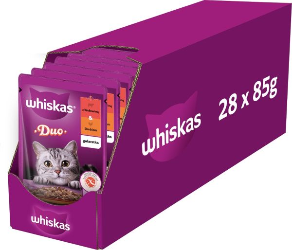 WHISKAS Adult saszetka 28x85 g mokra karma dla dorosłych kotów w galaretce z wołowiną i drobiem