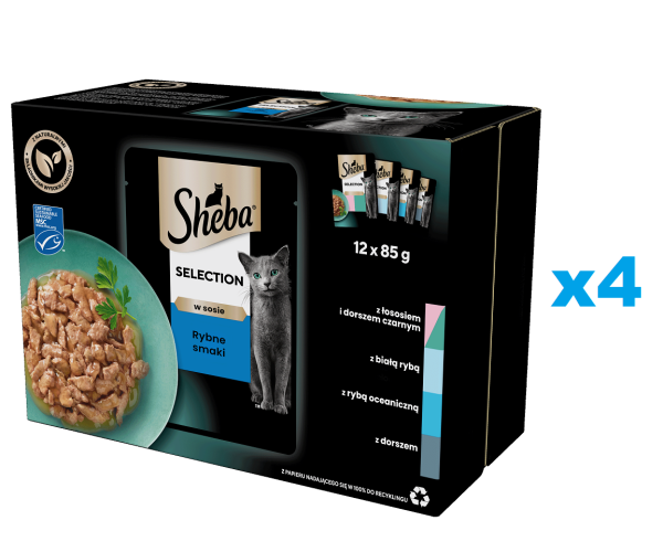 SHEBA Selection Rybne Smaki saszetki 48x85 g mokra karma pełnoporcjowa dla dorosłych kotów w sosie kawałki z łososiem i dorszem czarnym, białą rybą, rybą oceaniczną, dorszem