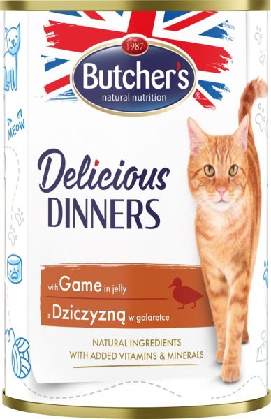 BUTCHER'S Delicious Dinners, karma dla kota, kawałki z dziczyzną w galaretce, 400g