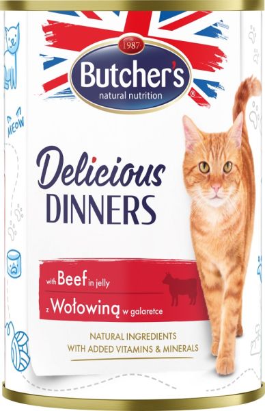 BUTCHER'S Delicious Dinners, karma dla kota, kawałki z wołowiną w galaretce, 400g