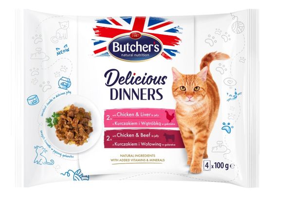 BUTCHER'S Delicious Dinners kawałki w galaretce dla dorosłych kotów 4x100g z kurczakiem i wątróbką, z kurczakiem i wołowiną