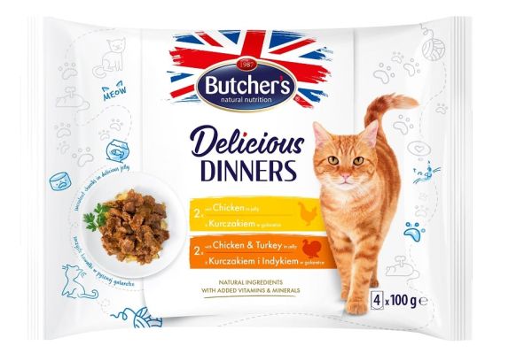 BUTCHER'S Delicious Dinners kawałki w galaretce dla dorosłych kotów 4x100g z kurczakiem, z kurczakiem i indykiem