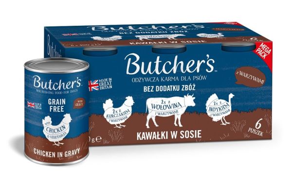 BUTCHER'S Original Recipe in gravy Mix smaków z warzywami 6x400 g kawałki w sosie z wołowiną, z indykiem i z kurczakiem dla psa