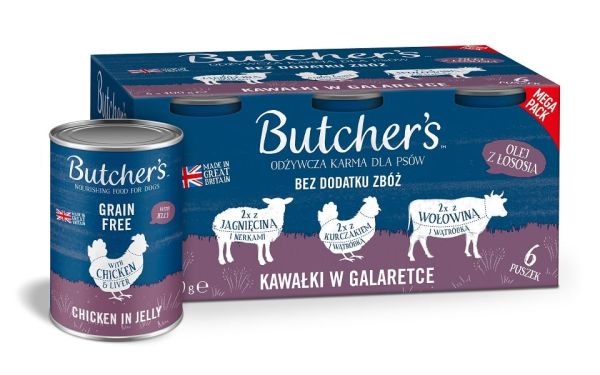 BUTCHER'S Original Recipe in jelly Mix smaków z wątróbką lub nerkami 6x400 g kawałki w galaretce z wołowiną, z jagnięciną i z kurczakiem dla psa