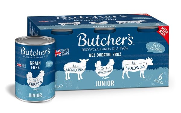 BUTCHER'S Original Junior Recipe in jelly Mix smaków 6x400 g kawałki w galaretce z jagnięciną, z kurczakiem i z wołowiną dla szczeniąt