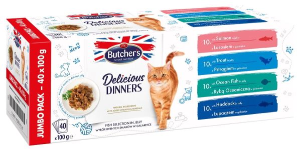 BUTCHER'S Delicious Dinners Cat Jumbo Pack Fish selection in Jelly 40x100 g kawałki w galaretce z łososiem, z pstrągiem, rybą oceaniczną i łupaczem dla kota