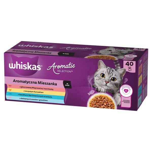 WHISKAS Adult Aromatyczna Mieszanka saszetki 40x85 g mokra karma pełnoporcjowa dla dorosłych kotów w sosie kawałki z glazurowaną wieprzowiną i marchewką, soczystym kurczakiem, z kawałkami ryb oceanicznych w bulionie, delikatnym łososiem i groszkiem