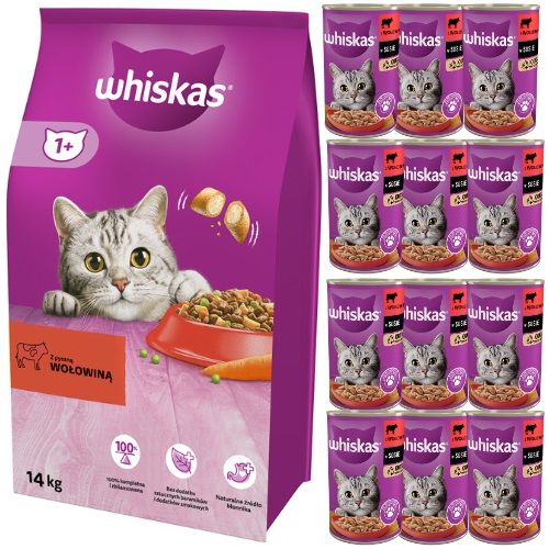 WHISKAS Adult 14kg sucha karma pyszna wołowina + WHISKAS Adult 12x400 g mokra karma z wołowiną w sosie