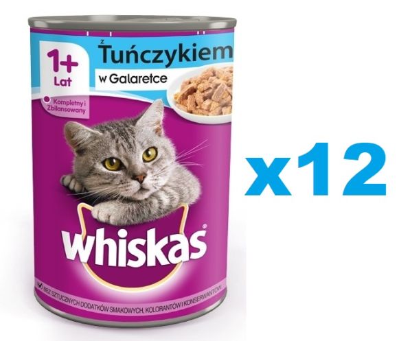 WHISKAS Adult puszka 12x400 g - mokra karma pełnoporcjowa dla dorosłych kotów, kawałki z tuńczykiem w galaretce