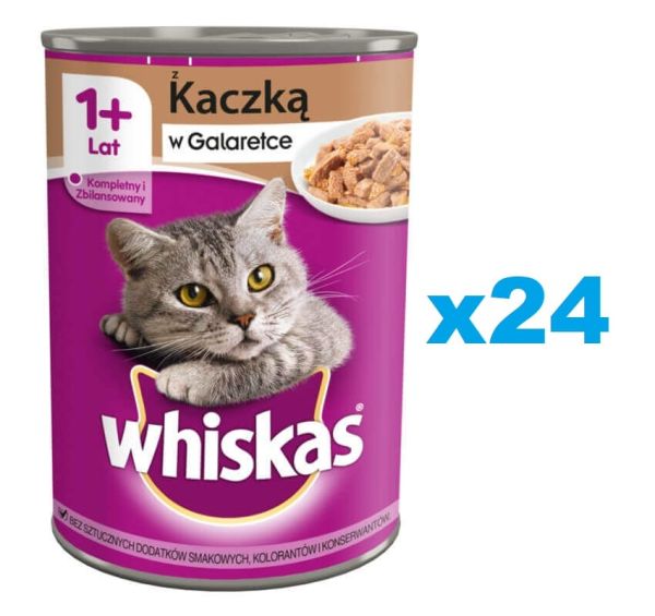 WHISKAS Adult puszka 24x400 g - mokra karma pełnoporcjowa dla dorosłych kotów, kawałki z kaczką w galaretce