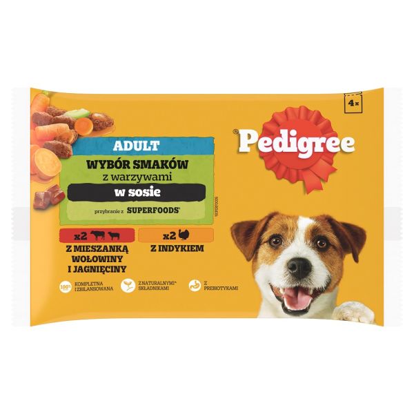 PEDIGREE Adult Wybór Smaków z warzywami saszetki 4x100 g mokra karma pełnoporcjowa dla dorosłych psów, z mieszanką wołowiny i jagnięciny, z indykiem, w sosie