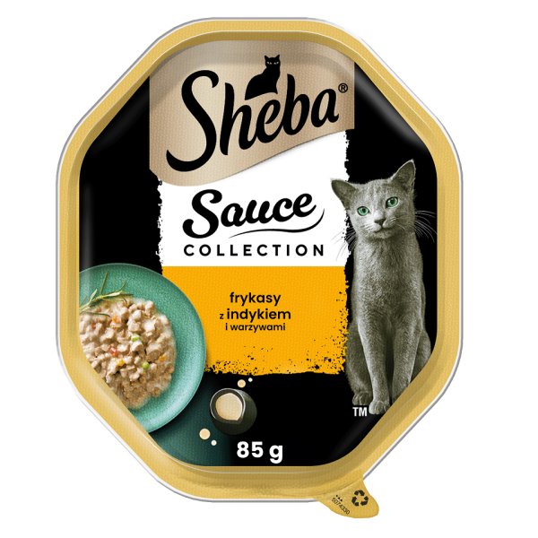 SHEBA Sauce Collection tacka 85 g mokra karma pełnoporcjowa dla dorosłych kotów frykasy z indykiem i warzywami w sosie