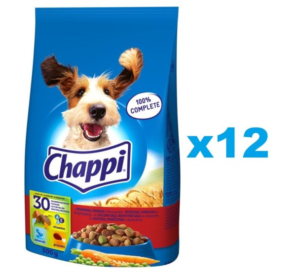 CHAPPI 12x500 g - sucha karma dla psów z wołowiną, drobiem i warzywami