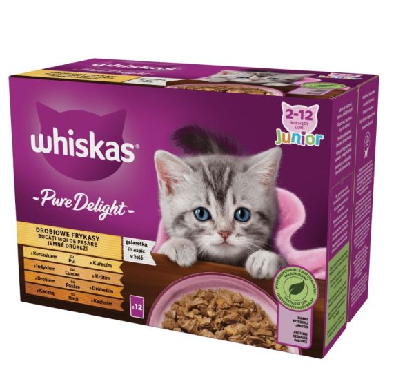 WHISKAS Junior saszetka 12x85g Drobiowe Frykasy mokra karma dla kociąt w galaretce z: kurczakiem, indykiem, drobiem, kaczką