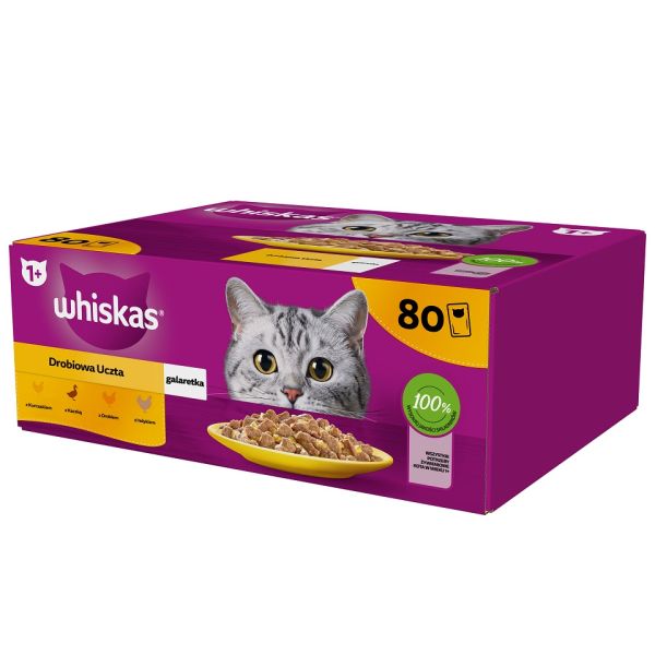WHISKAS Adult saszetka 80x85g Drobiowa Uczta mokra karma pełnoporcjowa dla dorosłych kotów w galaretce kawałki z kurczakiem, kaczką, drobiem, indykiem