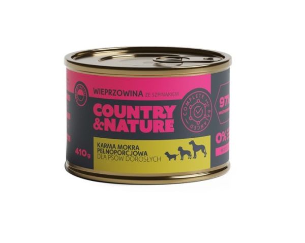 COUNTRY NATURE Bezzbożowa mokra karma wieprzowina ze szpinakiem 410 g