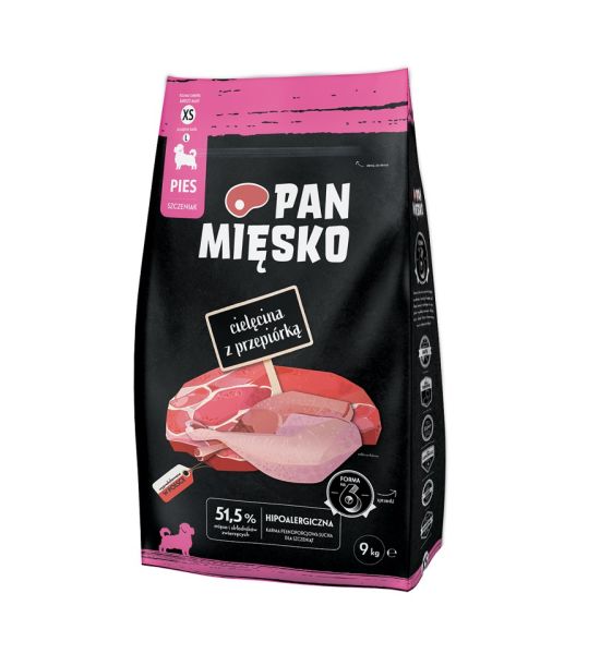 PAN MIĘSKO Cielęcina z przepiórką dla szczeniąt chrupki XS 9 kg