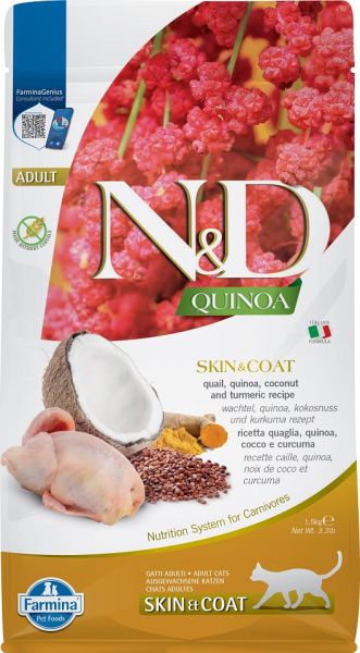 FARMINA N&amp;D Cat Quinoa Adult skin &amp; coat quail, coconut 1,5 kg karma dla kota z przepiórką