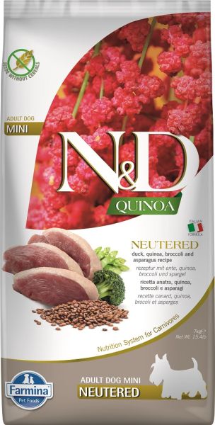 FARMINA N&D Quinoa Neutere Adult Mini duck, broccoli & asparagus 7 kg kaczka, brokuł i szparagi dla psów po kastracji