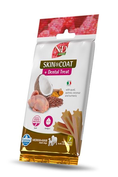 FARMINA N&amp;D Quinoa Dental Treat Skin Coat Quail Medium/Maxi 100 g (7 szt) przysmak dentystyczny dla średnich i dużych psów