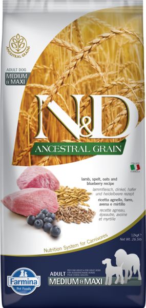 FARMINA N&amp;D Ancestral Grain Dog Adult Medium Maxi lamb, spelt, oats, blueberry 12 kg dla psów średnich i dużych ras