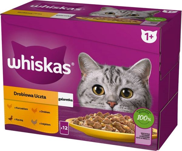 WHISKAS Adult saszetka 12x85g Drobiowa Uczta mokra karma dla dorosłych kotów w galaretce z: kurczakiem, kaczką, drobiem, indykiem